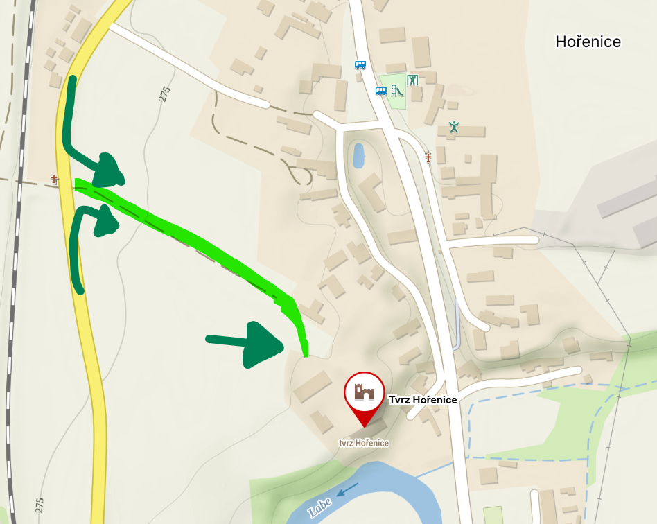 Mapa Hořenic s vyznačenou příjezdovou cestou ke stodole